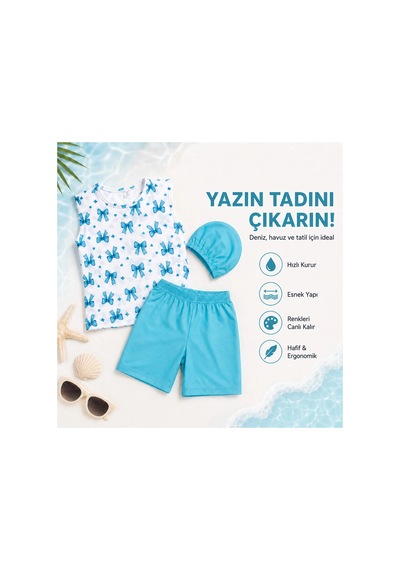 Rony Pony Kids Kız Çocuk Mavi Fiyonk Desenli 3 Lü Mayo Takımı Mavi Beyaz