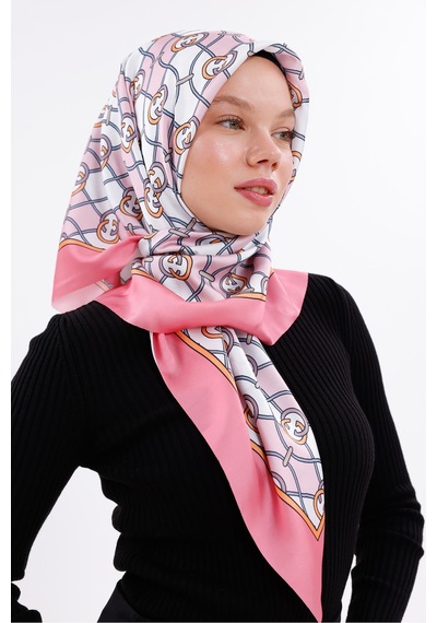 Tarzını Seç Zincir Desenli Pudra Pembe Şifon Saten Eşarp - 100x100 Cm