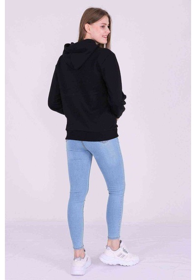 Siyah Basic Oversize Kadın Kapüşonlu Hoodie 3 Iplik Sweatshirt