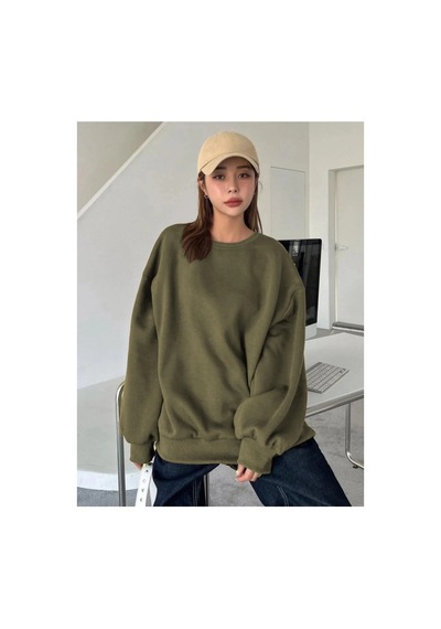 Moda Kadın Düz Bisiklet Yaka 3 İplik Sweatshirt - Yeşil Çok Renkli
