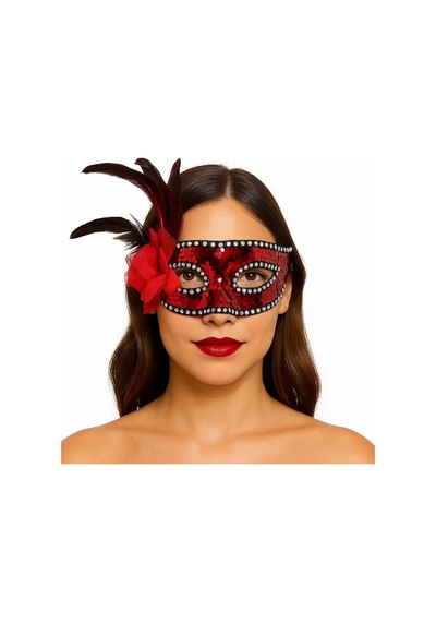 Kırmızı Renk Yandan Tüylü Güllü Gümüş Taşlı Pullu Maske 20x22 Cm Diğer