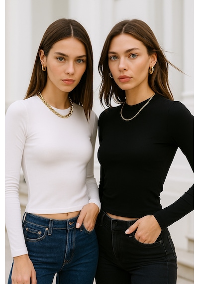 Rich Kadın Siyah-beyaz 2'li Paket Bisiklet Yaka Esnek Kumaşlı Vücuda Oturan Slim Fit Uzun Kollu Crop Body Beyaz - Siyah
