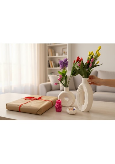 Yılbaşı Hediyelik 4'lü Dekor Seti Modern Seramik Vazolar & Mini Mum Hediyelik Seti Beyaz