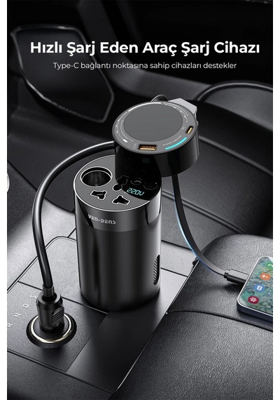 Ven-dens Vd-cc024 200w Maksimum Toplam Çıkışlı Araç İnvertörü, 12 24v Giriş, 200 240v 150w Ac Priz, 12v Dc Çıkış, Usb Ve Type-c Hızlı Şarj, Dahili Type-c Kablo