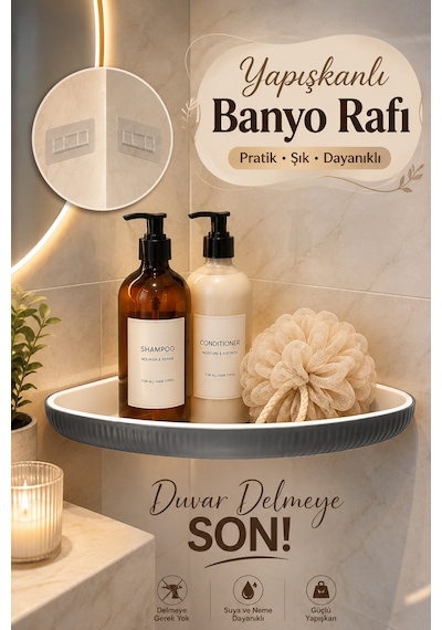 Porsima 0447 İstiridye Banyo Köşe Rafı Yapışkanlı Organizer Antrasit