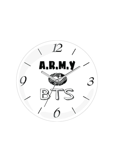 Army Bts Çap 30cm Sessiz Akar Bombeli Gerçek Cam Duvar Saati Beyaz - Siyah