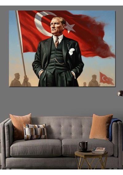 Türk Bayraklı Atatürk Dekoratif Kanvas - Mdf Ahşap Tablo