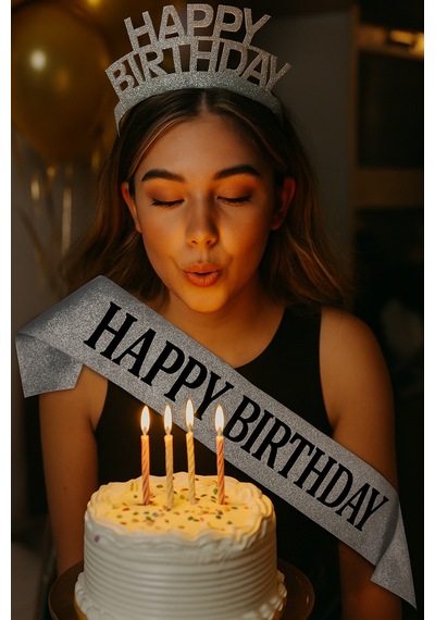 Doğum Günü Parti Kuşağı Happy Birthday Yazılı Gümüş Simli Kumaş Üzerine Siyah Baskılı Doğum Günü Aksesuarı Diğer