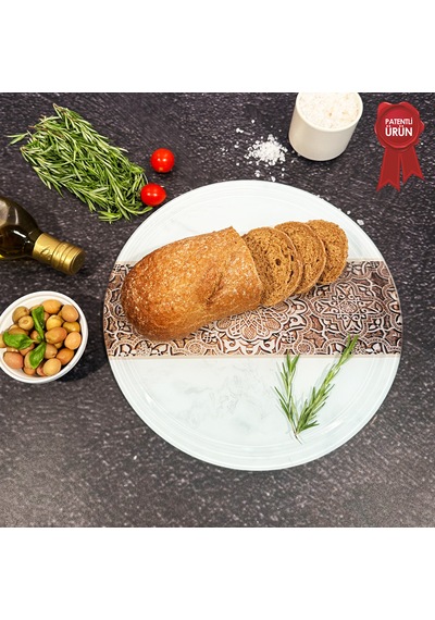 Kanallı Cam Kesme Tahtası - Arabesk Tek Şerit Desen - Çap32cm