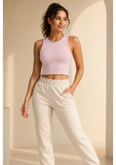 Loule Kadın 2'li Bisiklet Yaka Kolsuz Fitilli Crop Top Pudra-beyaz Çok Renkli