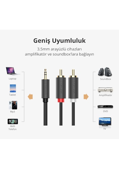 Ugreen 3.5 Mm Jack Girişi Aux To 2 Rca Ses Aktarma Kablosu 10 Metre, 10514