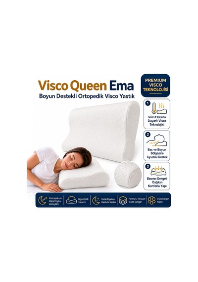 Homedius Visco Queen Ema Boyun Destekli Ortopedik Visco Yastık 55x35x12 Cm 2'li Beyaz