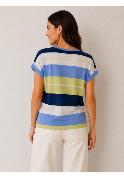 Mamayaga Kadın Bisiklet Yaka Kısa Kol Çizgili Spor Şık %100 Cotton Tshirt Bluz Renkli
