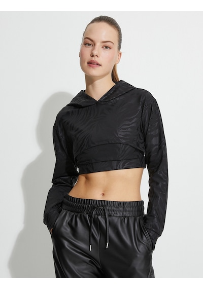 Koton Kapşonlu Crop Spor Sweatshirt Zebra Desenli Uzun Kollu Siyah Desenli 4wak10255nk Siyah