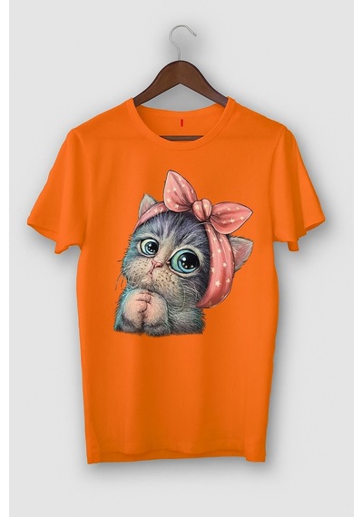 Sevimli Kedi Baskılı Oversize Beyaz T-shirt Turuncu