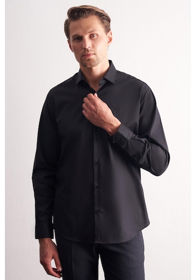 İmza Siyah Yarım İtalyan Yaka Uzun Kol Premium Slim Fit Pamuklu Gömlek 1004255198 Siyah