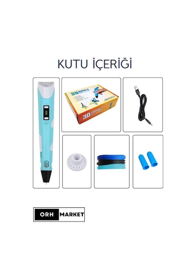 Mavi  3D Kalem 3D Pen Yazıcı Kalem – 3 Adet 3 Metrelik PLA Filament (Toplam 9M) + USB Kablo