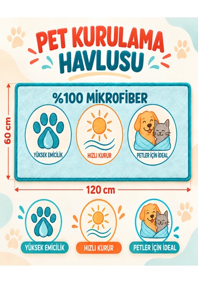 Kedi & Köpek Kurulama Havluları Poodle Joy Büyük Boy Hızlı Kuruyan 60x120cm