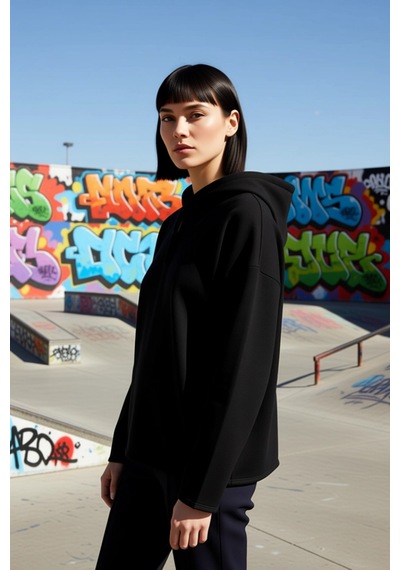 Benerly Kadın Kapüşonlu Fermuarlı Oversize Polar Sweatshirt Fonksiyonel D siyah