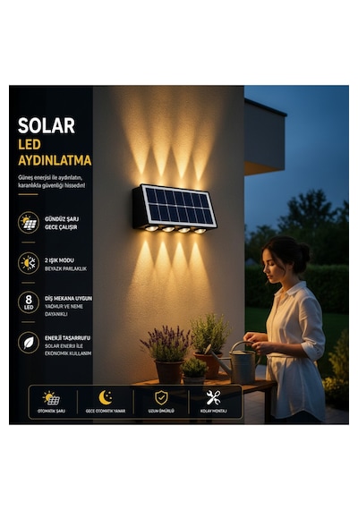Solar Led Duvar Apliği 8 Ledli Bahçe Aydınlatması Güneş Enerjili Dış Mekan Bahçe Lambası, Su Geçirmez Sensörlü