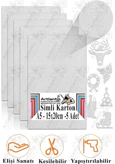 Simli Karton A5 15x20 Cm 5 Li 1 Paket Simli Fon Kartonu Parıltılı Kağıt Anasınıfı Kreş Etkinlik Proje Dekoratif Gümüş
