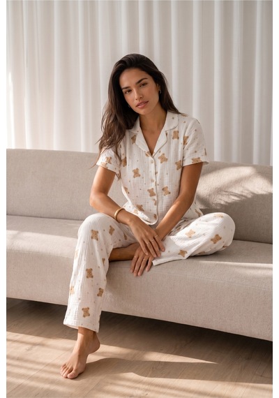 Kadın Loose Uzun Paça Pamuk Kırık Beyaz Pijama Takımı