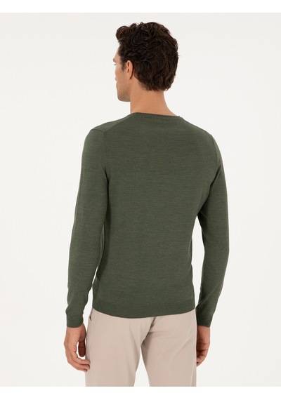 Cacharel Haki Slim Fit Yün Karışımlı Bisiklet Yaka Basic Triko Kazak Yesıl