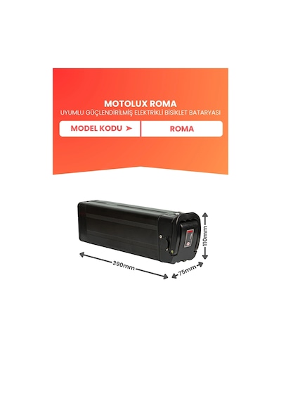 Motolux Roma Uyumlu Batarya Yüksek Kapasite 48v 20ah Güçlendirilmiş Elektrikli Bisiklet Bataryası Siyah