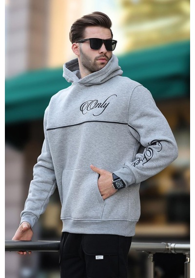 Madmext Grimelanj Kapüşonlu Şerit Detaylı Baskılı Erkek Sweatshirt 7091 Grimelanj