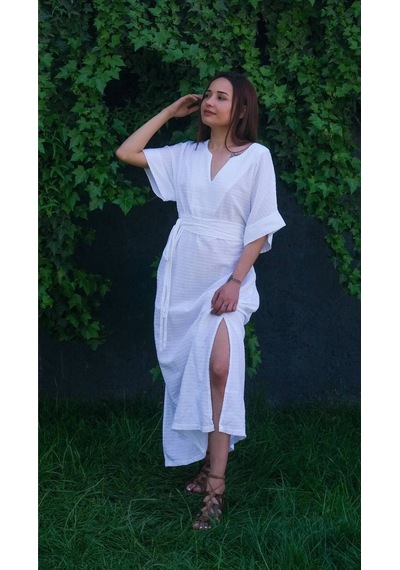 Dokuma Kaftan Elbise Rahatlığın Şıklığı Beyaz