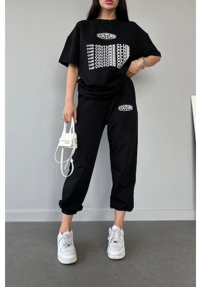 Couture Club T-shirt Eşofman Altı Jogger- Siyah Baskılı Alt Üst Eşofman Takım Oversize Bisiklet Yak Siyah