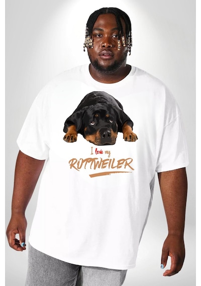 Angemiel Rottweiler Sevgisi Beyaz Büyük Beden Kadın Erkek Ünisex Basic Ön Baskılı Tişört Beyaz