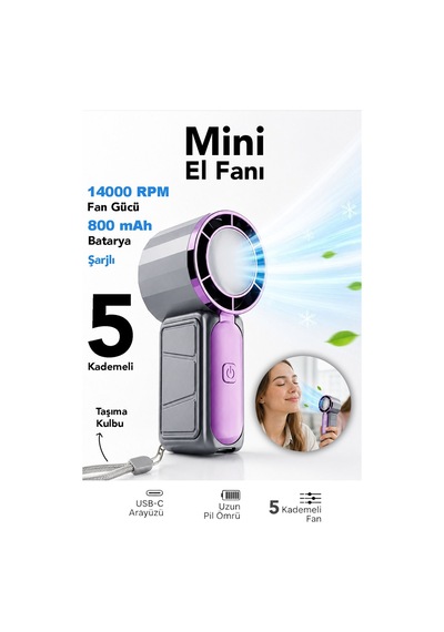 Mini El Fanı Taşınabilir 800mah Usb Sarjlı Soğutucu 5 Kademeli Mini Vanitalatör