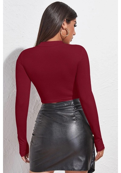 Kadın Bordo Göğüs Dekolteli Uzun Kollu Cut Out Crop Top Bluz