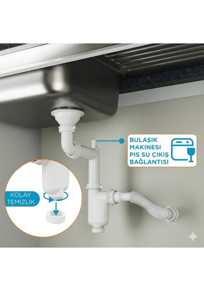 Aqua Bagno Comfort Yer Kazandıran Taşma Deliksiz Mutfak Eviye Sifonu Kolay Temizlenir, Ayarlanabilir Koku Önleyici Gid beyaz