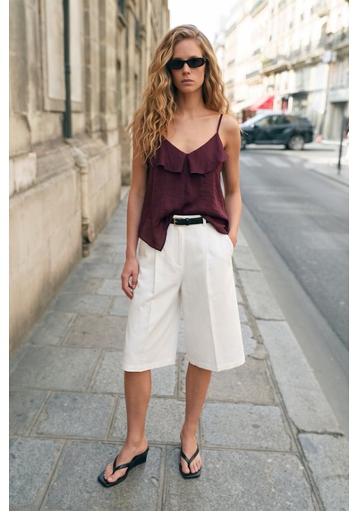 Sateen Fırfır Detaylı Askılı Bluz - Bordo-137726