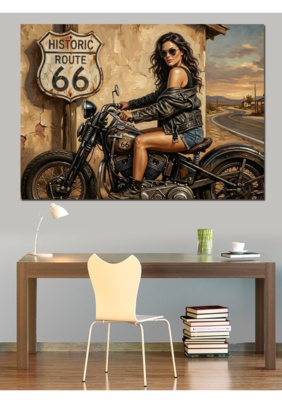 Route 66 Yolunda Motosikletli Kadın Dekoratif Kanvas - Mdf Ahşap Tablo