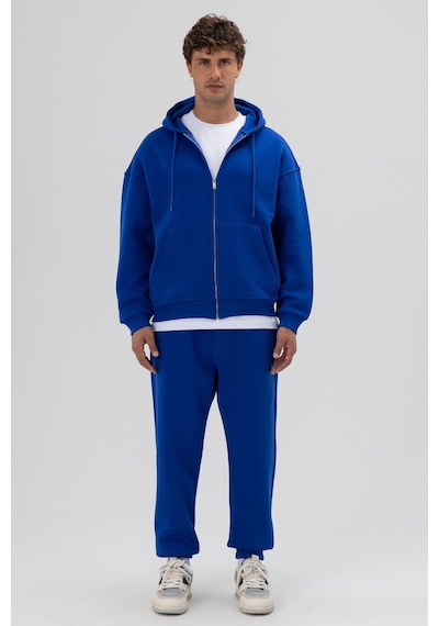 Vamos Basic Fermuarlı Oversize Kapüşonlu Sweatshirt Saks Mavi