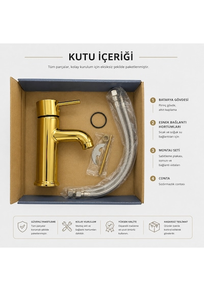 Lüx Gold Premium Sabit Lavabo Bataryası Pirinç Ağır Gövde Çift Su Girişli Lüx Lavabo Bataryası Çeşmesi Musluğu Altın