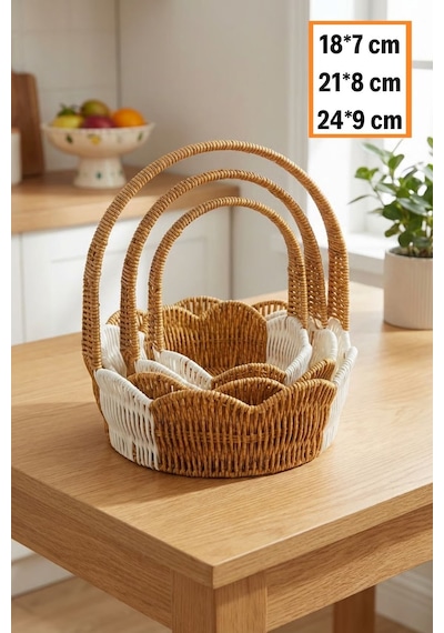 İç İçe Geçebilen 3 Lü Çift Renkli Yuvarlak Dalgalı Formlu Saplı Plastik Rattan Sepet Seti Kahverengi