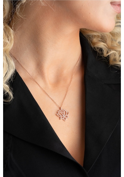 Nereze 925 Ayar Gümüş Zirkon Taşlı Rose Kaplama Lotus Çiçeği Tasarım Kolye