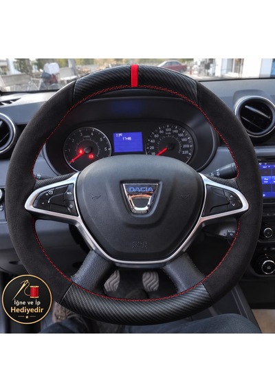 Dacia Logan Dikme Direksiyon Kılıfı Alcantara Süet Mat Karbon Kırmızı Yüzük Ve Dikiş 2017-2020