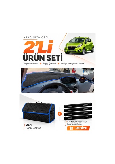 Chevrolet Spark 2009-2015 Uyumlu Torpido Örtüsü + Deri Bagaj Çantası + Sticker Seti - Siyah Mavi