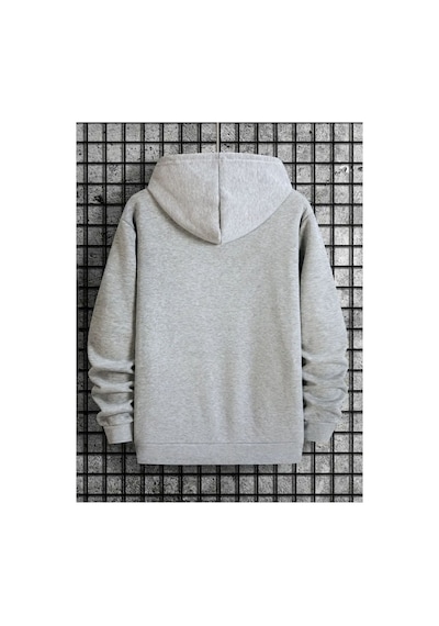 Medinenur Kulaklık Baskılı Kapüşonlu Cepli Sweatshirt Gri