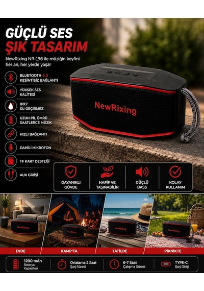 Nr196 Taşınabilir Uzun Pil Ömürlü Taşıma Saplı Tf Kart Ve Aux Destekli Ipx7 Su Geçirmez Özellikli Bluetoth Hoparlör