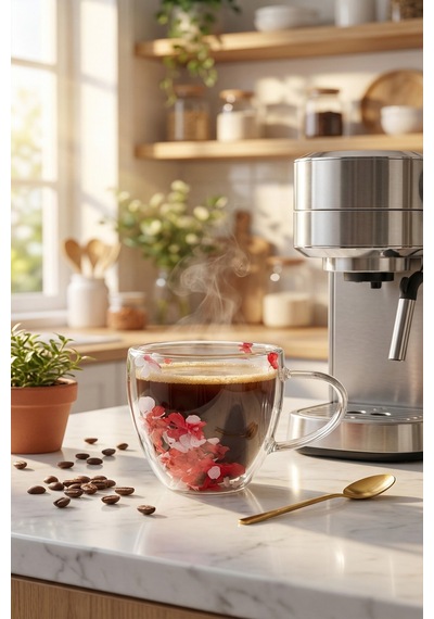 Makri Home Kırmızı Beyaz Çiçekli Çift Cidarlı Cam Kupa, 350 Ml, 11 Cm X 8 Cm Çok Renkli