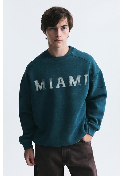 Vamos Miami Baskılı Bisiklet Yaka Sweatshirt Nefti Yeşil