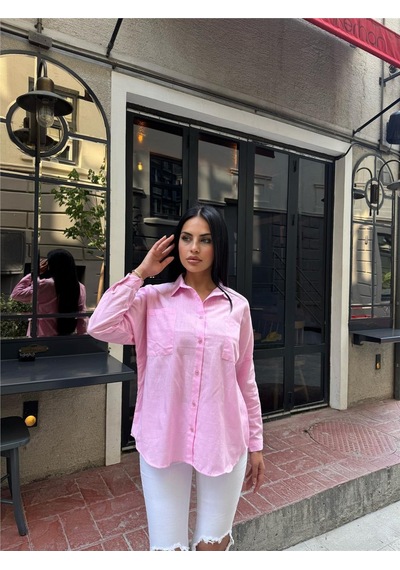 WeShaya Pembe Oversize Pamuk Karışımlı Cepli Gömlek Pembe