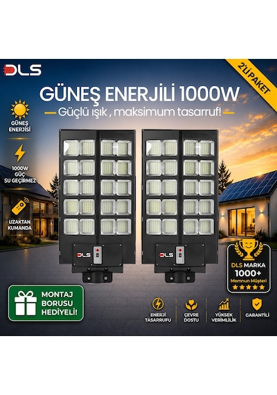 2'li Paket Dls 1000w Güneş Enerjili Solar Sokak Lambası Hareket Sensörlü Led Bahçe Aydınlatması