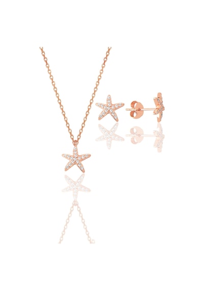 Gümüş Rose Zirkon Taşlı Deniz Yıldızı Kolye Ve Küpe İkili Set